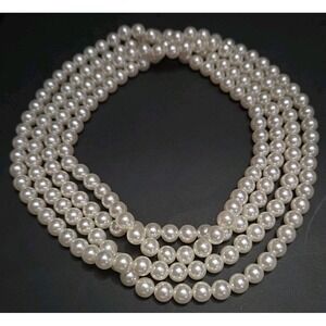 Vintage Single Long Strand Faux Imitation White Pearl Necklace 60" CottageCore